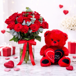 Beauty 21 Red Roses Vase and I Love You Teddy